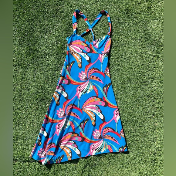 BCBG MAXAZRIA Blue Tropical Floral Asymmetrical Y2K Dress Size XS - Picture 2 of 7